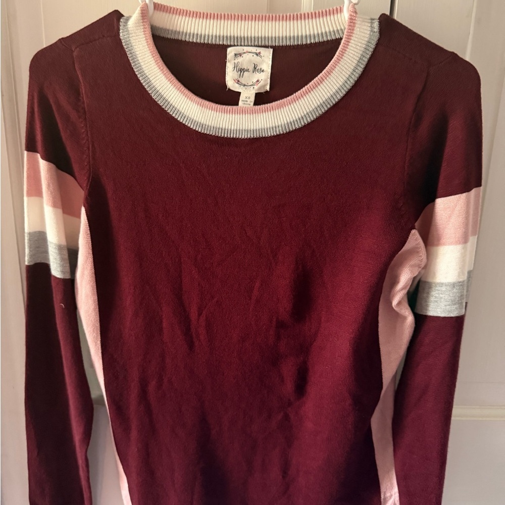 Hippie Rose Women's Burgundy and Pink Striped Sweater